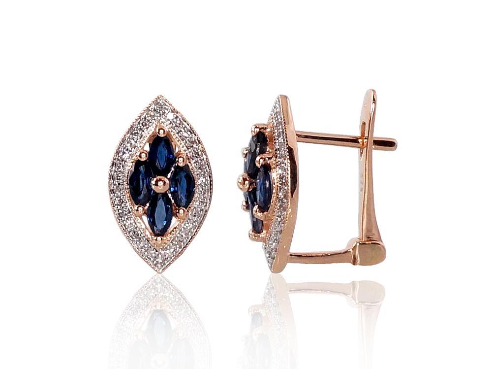 Zelta auskari ar 'angļu' slēdzēju #1200250(Au-R+PRh-W)_DI+SA, Sarkanais Zelts 585°, rodijs (pārklājums), Briljanti (0,129Ct), Safīrs (1,098Ct), 2.6 gr. - Rotaslietas Avenique Design