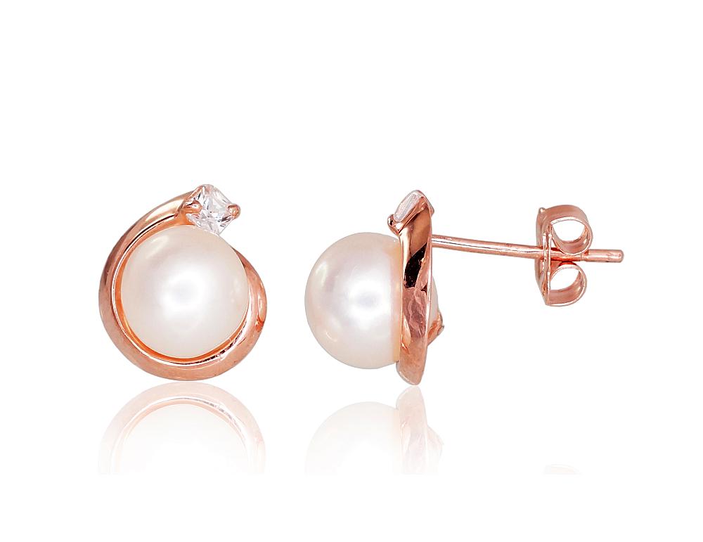 Zelta auskari-puseti #1200254(Au-R)_CZ+PE, Sarkanais Zelts 585°, Cirkoni, Pērles, 1.24 gr. - Rotaslietas Avenique Design