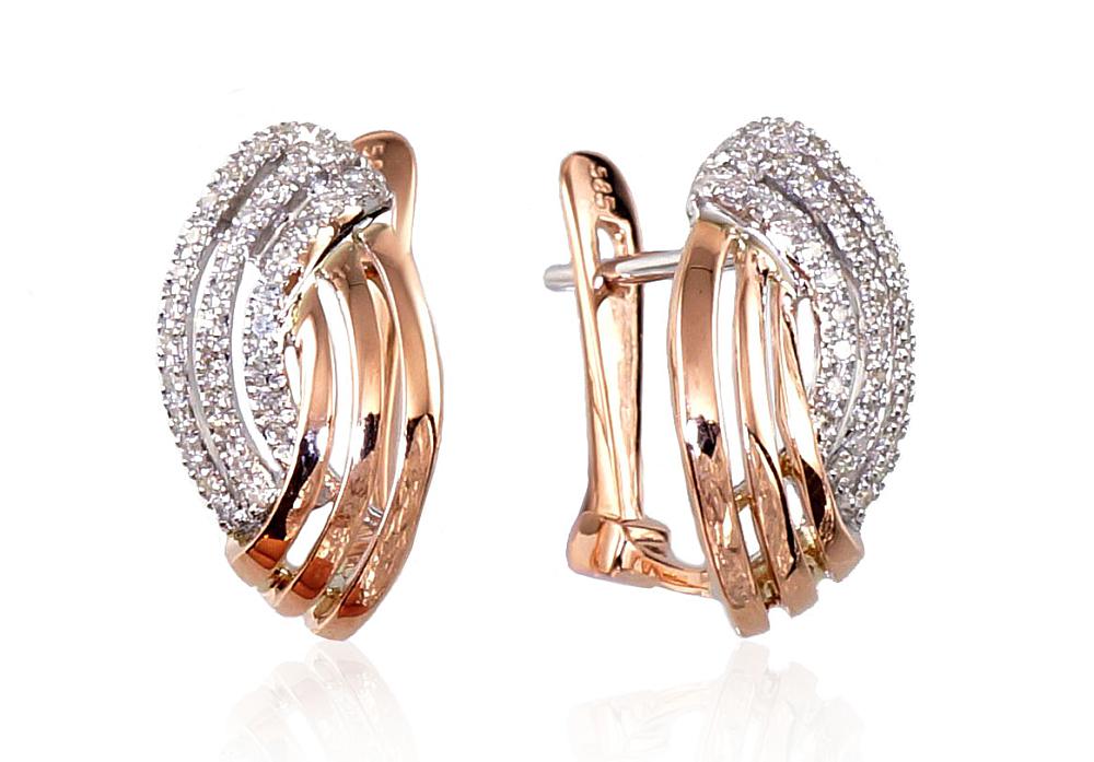 Zelta auskari ar 'angļu' slēdzēju #1200274(Au-R+PRh-W)_DI, Sarkanais Zelts 585°, rodijs (pārklājums), Briljanti (0,162Ct), 3.21 gr. - Rotaslietas Avenique Design