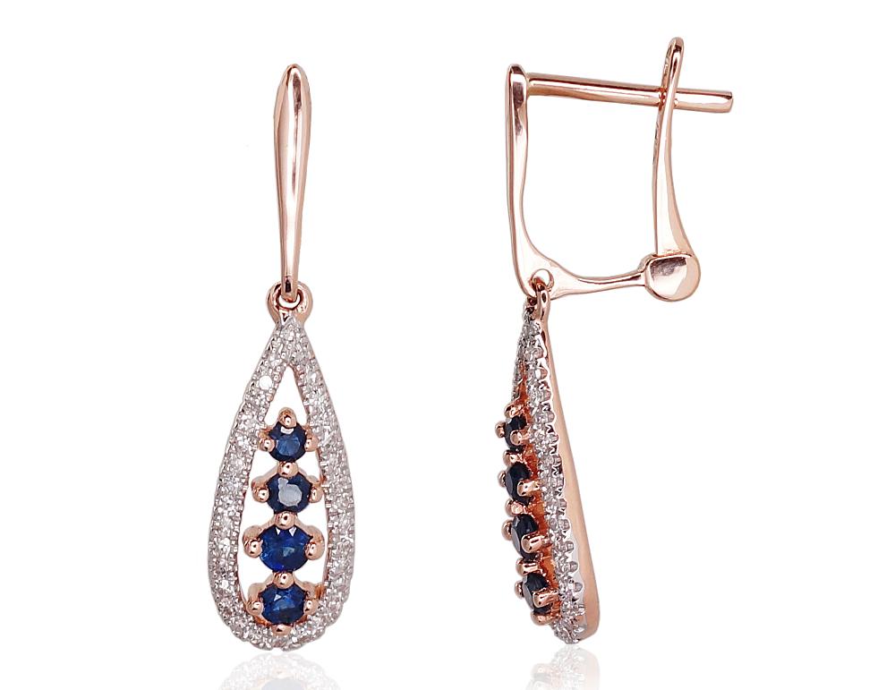 Zelta auskari ar 'angļu' slēdzēju #1200385(Au-R+PRh-W)_DI+SA, Sarkanais Zelts 585°, rodijs (pārklājums), Briljanti (0,164Ct), Safīrs (0,354Ct), 2.04 gr. - Rotaslietas Avenique Design