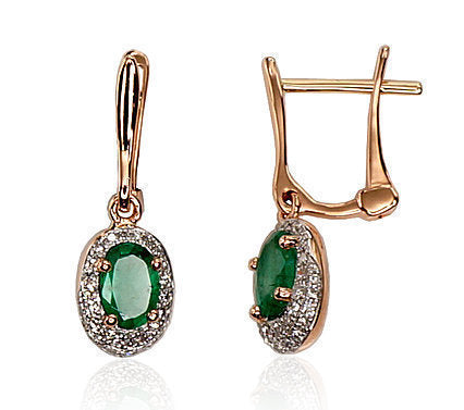 Zelta auskari ar 'angļu' slēdzēju #1200392(Au-R+PRh-W)_DI+EM, Sarkanais Zelts 585°, rodijs (pārklājums), Briljanti (0,152Ct), Smaragds (0,713Ct), 1.95 gr. - Rotaslietas Avenique Design
