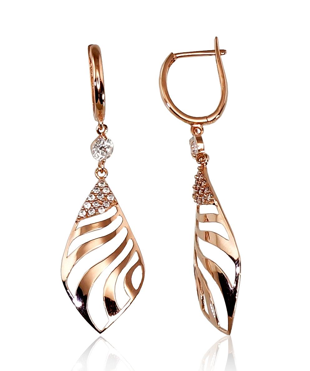 Zelta auskari ar 'angļu' slēdzēju #1200429(Au-R)_CZ, Sarkanais Zelts 585°, Cirkoni, 2.95 gr. - Rotaslietas Avenique Design