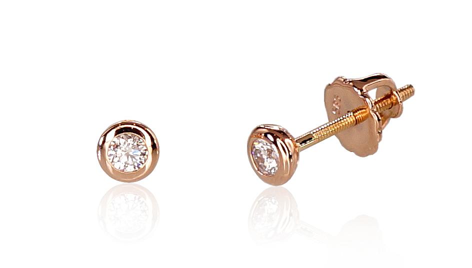 Zelta auskari-puseti ar skrūvēm #1200511(Au-R)_DI, Sarkanais Zelts 585°, Briljanti (0,143Ct), 1.24 gr. - Rotaslietas Avenique Design