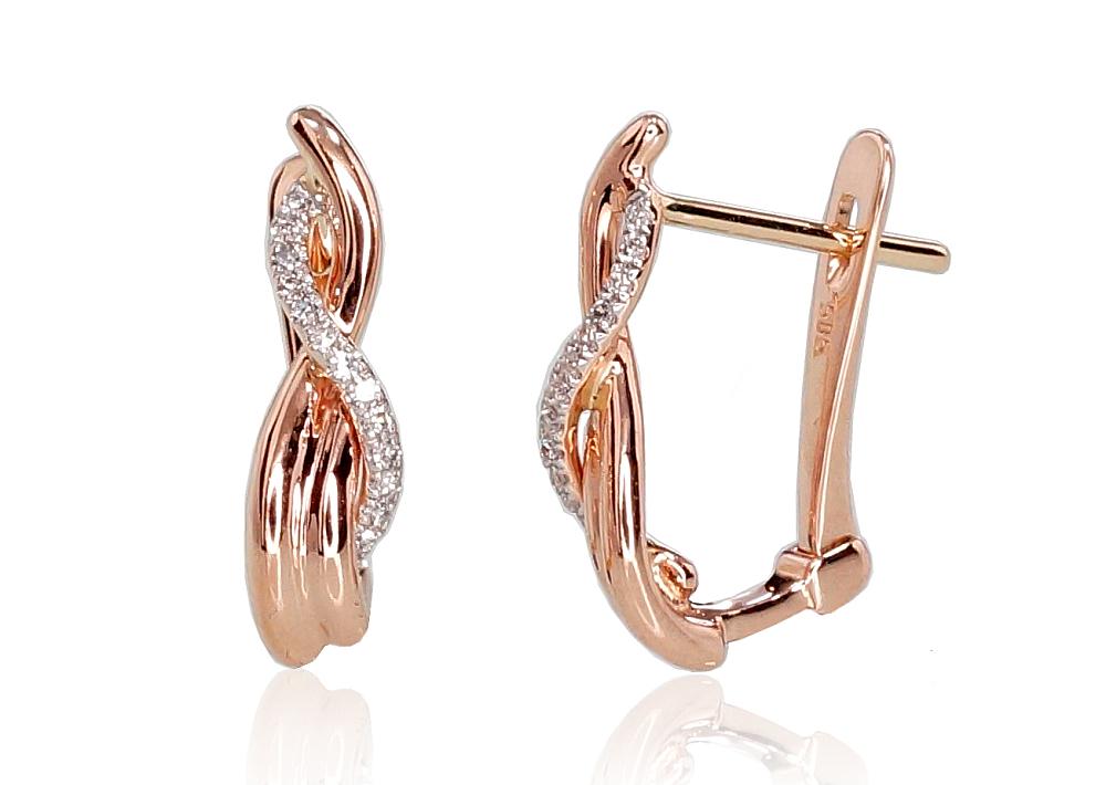 Zelta auskari ar 'angļu' slēdzēju #1200711(Au-R+PRh-W)_DI, Sarkanais Zelts 585°, rodijs (pārklājums), Briljanti (0,072Ct), 2.65 gr. - Rotaslietas Avenique Design