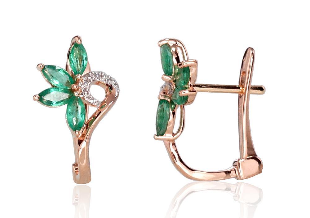 Zelta auskari ar 'angļu' slēdzēju #1200717(Au-R+PRh-W)_DI+EM, Sarkanais Zelts 585°, rodijs (pārklājums), Briljanti (0,028Ct), Smaragds (0,642Ct), 2.1 gr. - Rotaslietas Avenique Design