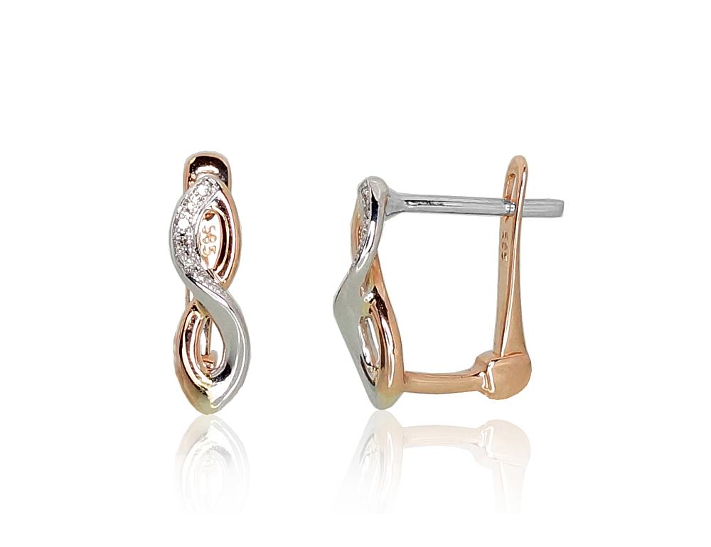 Zelta auskari ar 'angļu' slēdzēju #1200967(Au-R+Au-W)_DI, Sarkanais/Baltais Zelts 585°, Briljanti (0,024Ct), 1.77 gr. - Rotaslietas Avenique Design