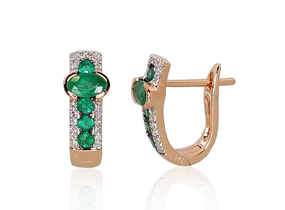 Zelta auskari ar 'angļu' slēdzēju #1200971(Au-R+PRh-W+PRh-Bk)_DI+EM, Sarkanais Zelts 585°, rodijs (pārklājums), Briljanti (0,095Ct), Smaragds (0,806Ct), 2.88 gr. - Rotaslietas Avenique Design