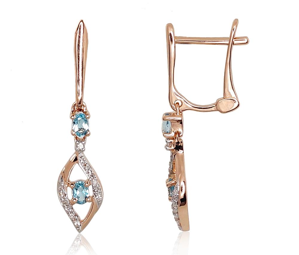 Zelta auskari ar 'angļu' slēdzēju #1200972(Au-R+PRh-W)_DI+TZB, Sarkanais Zelts 585°, rodijs (pārklājums), Briljanti (0,28Ct), Zilais topāzs (0,06Ct), 1.73 gr. - Rotaslietas Avenique Design