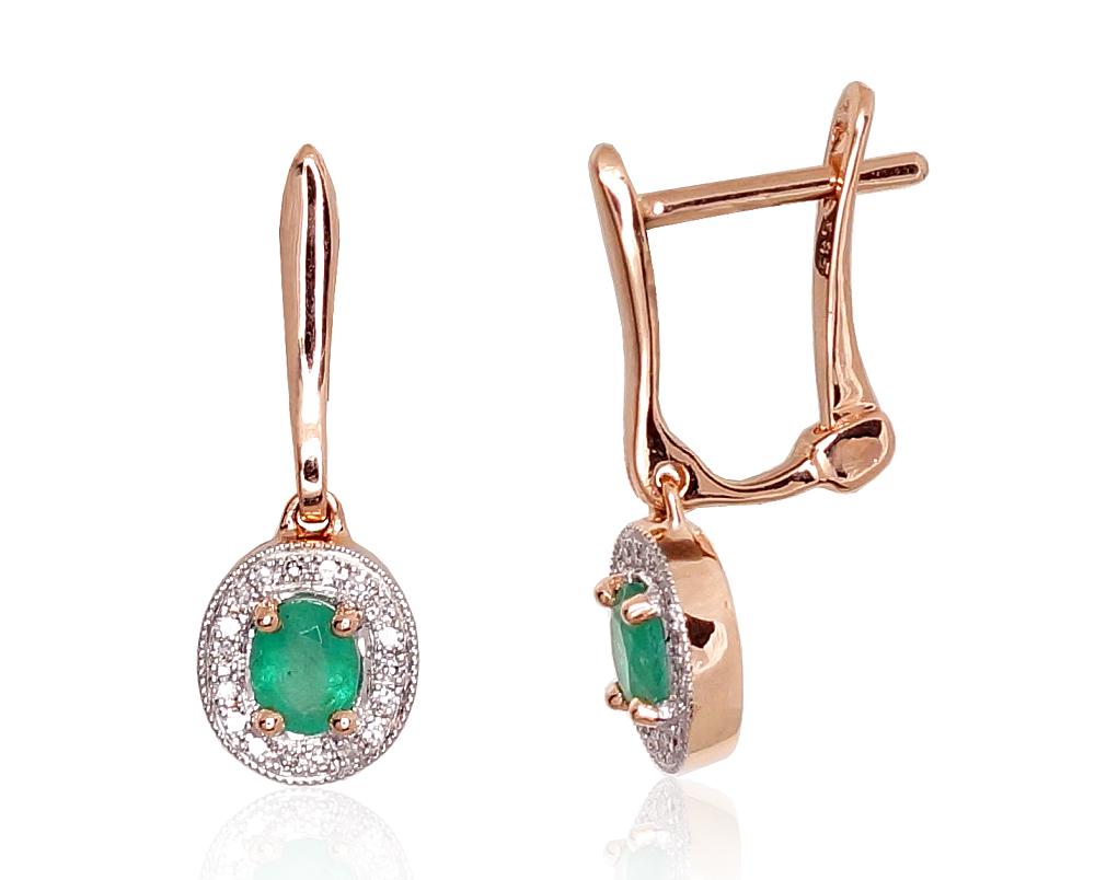 Zelta auskari ar 'angļu' slēdzēju #1200975(Au-R+PRh-W)_DI+EM, Sarkanais Zelts 585°, rodijs (pārklājums), Briljanti (0,076Ct), Smaragds (0,391Ct), 1.77 gr. - Rotaslietas Avenique Design