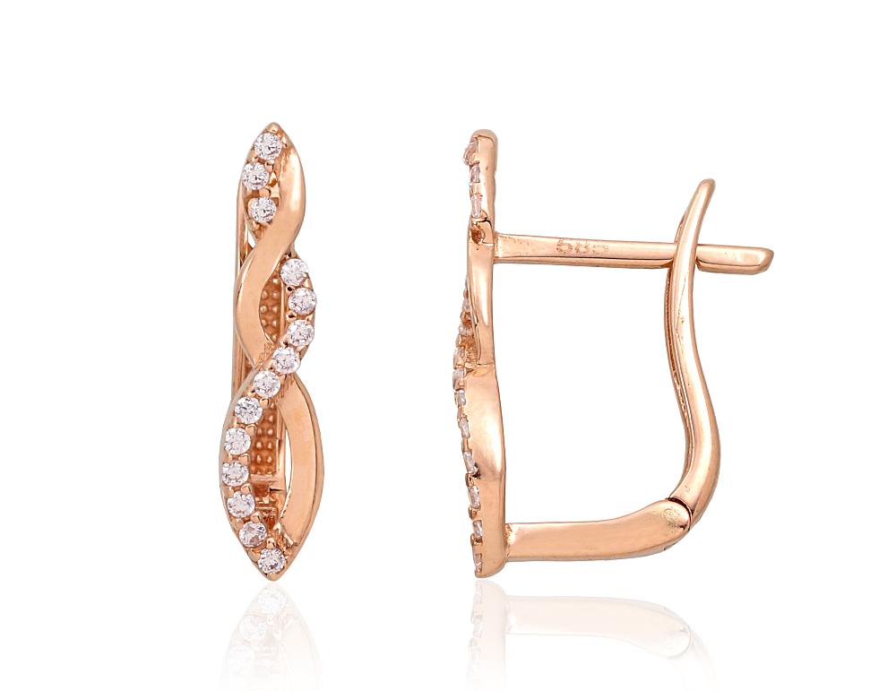 Zelta auskari ar 'angļu' slēdzēju #1201355(Au-R)_CZ, Sarkanais Zelts 585°, Cirkoni, 1.32 gr. - Rotaslietas Avenique Design