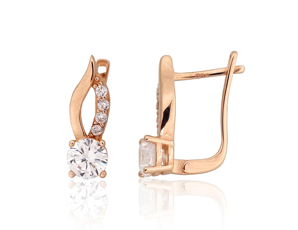 Zelta auskari ar 'angļu' slēdzēju #1201457(Au-R)_CZ, Sarkanais Zelts 585°, Cirkoni, 1.26 gr. - Rotaslietas Avenique Design