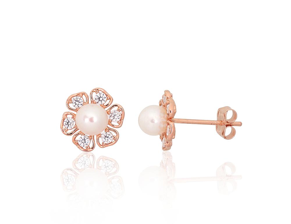 Zelta auskari-puseti #1201571(Au-R)_CZ+PE, Sarkanais Zelts 585°, Cirkoni, Pērles, 0.92 gr. - Rotaslietas Avenique Design