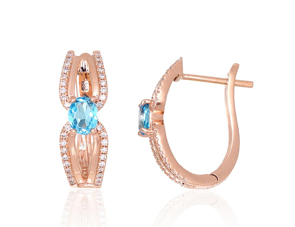 Zelta auskari ar 'angļu' slēdzēju #1201670(Au-R)_DI+TZLB, Sarkanais Zelts 585°, Briljanti (0,192Ct), Debess zils topāzs, 4.83 gr. - Rotaslietas Avenique Design