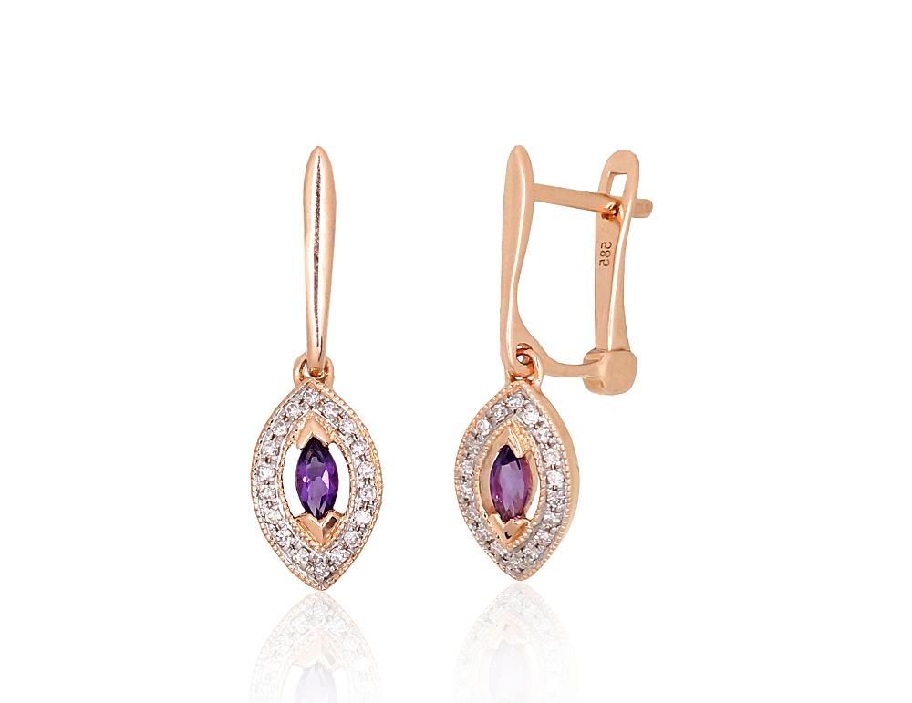 Zelta auskari ar 'angļu' slēdzēju #1201671(Au-R+PRh-W)_DI+AM, Sarkanais Zelts 585°, rodijs (pārklājums), Briljanti (0,07Ct), Ametists, 1.88 gr. - Rotaslietas Avenique Design