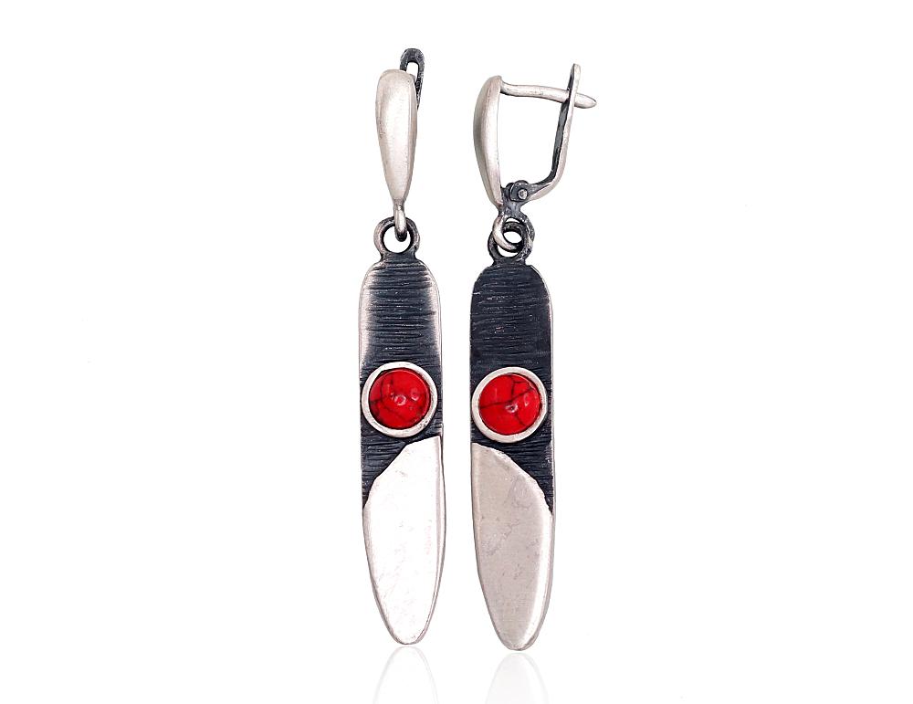 Sudraba auskari #2203261(Matt+POx-MattBk)_COX, Sudrabs 925°, oksids (pārklājums), Korallis (Imitācija), 9.5 gr. - Rotaslietas Avenique Design