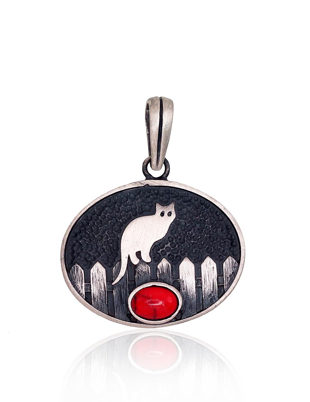 Sudraba kulons #2301800(Matt+POx-MattBk)_COX, Sudrabs 925°, oksids (pārklājums), Korallis (Imitācija), 6.2 gr. - Rotaslietas Avenique Design