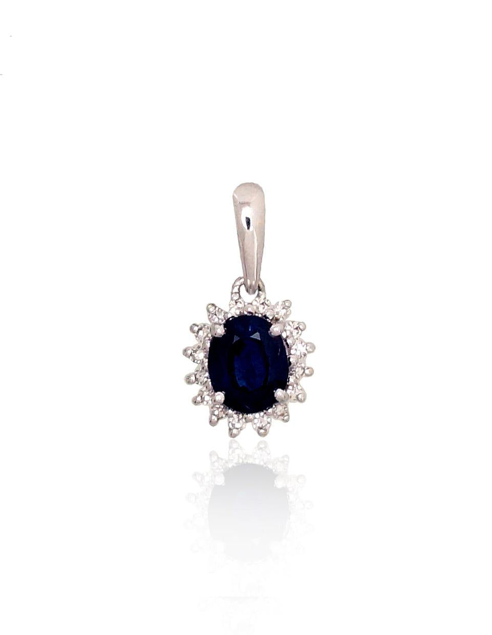 Zelta kulons #1300178(Au-W)_DI+SA, Baltais Zelts 585°, Briljanti (0,04Ct), Safīrs (0,59Ct), 0.55 gr. - Rotaslietas Avenique Design